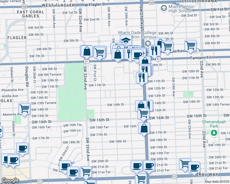 map of restaurants, bars, coffee shops, grocery stores, and more near 1221 Southwest 30th Avenue in Miami