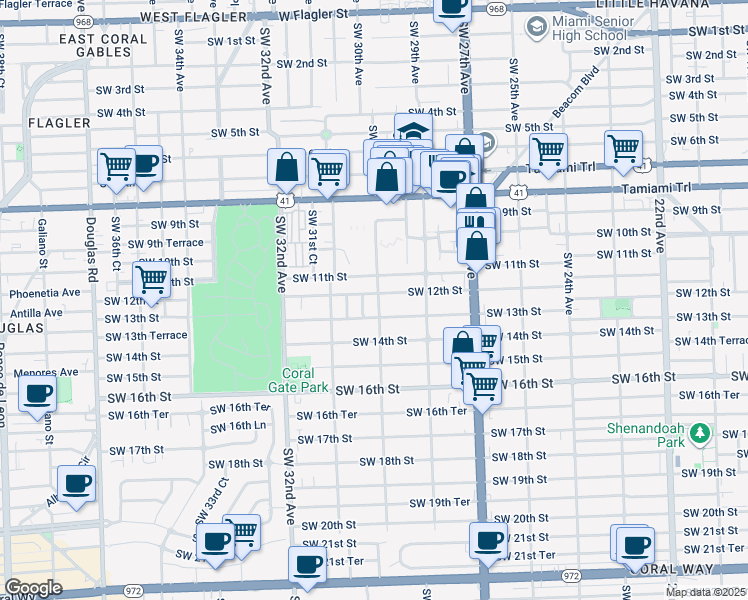 map of restaurants, bars, coffee shops, grocery stores, and more near 1221 Southwest 30th Avenue in Miami