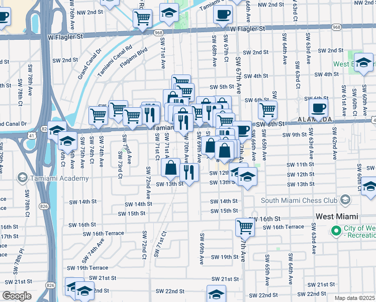 map of restaurants, bars, coffee shops, grocery stores, and more near 122 Southwest 70th Avenue in Miami