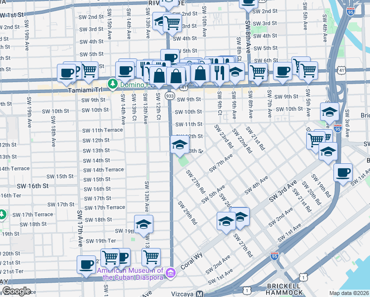 map of restaurants, bars, coffee shops, grocery stores, and more near 1117 Southwest 13th Street in Miami