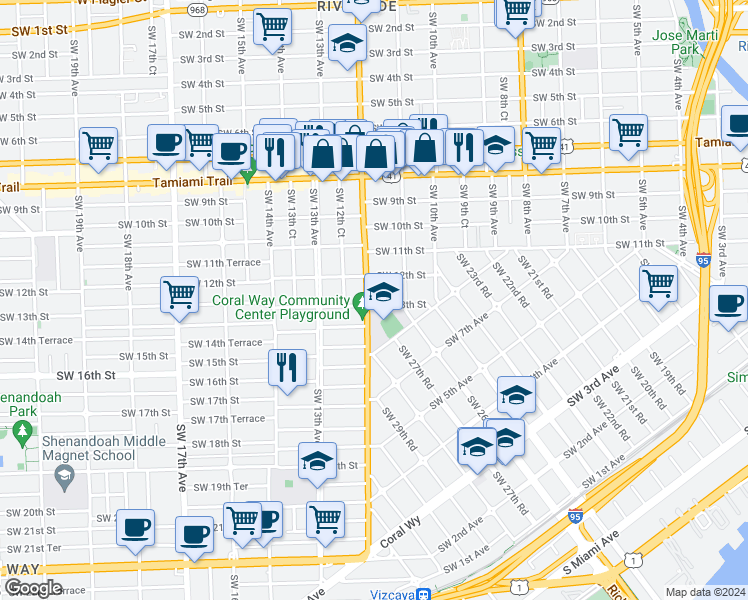 map of restaurants, bars, coffee shops, grocery stores, and more near 1169 Southwest 13th Street in Miami