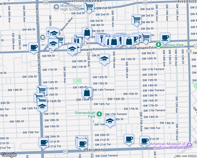 map of restaurants, bars, coffee shops, grocery stores, and more near 2134 Southwest 12th Street in Miami