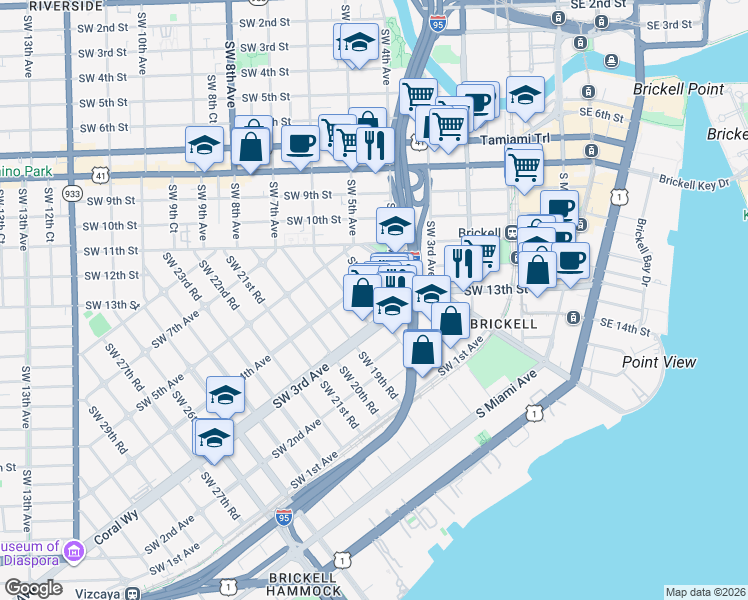 map of restaurants, bars, coffee shops, grocery stores, and more near 351 Southwest 18th Terrace in Miami