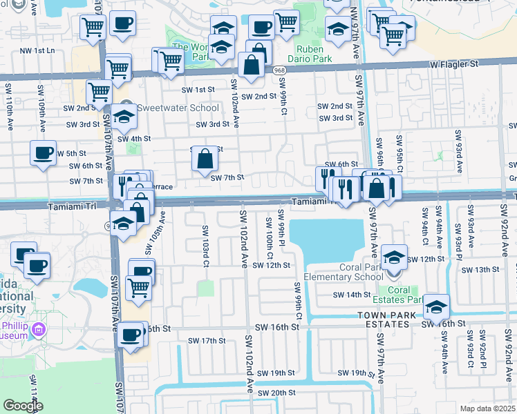 map of restaurants, bars, coffee shops, grocery stores, and more near 10101 Southwest 8th Terrace in Miami