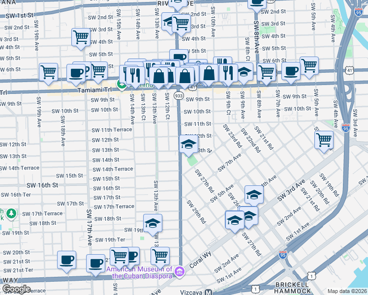 map of restaurants, bars, coffee shops, grocery stores, and more near 1169 Southwest 13th Street in Miami