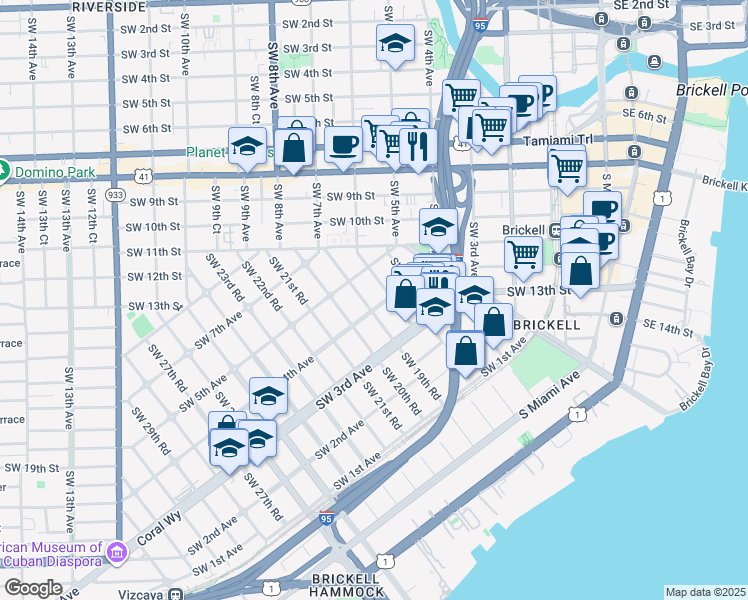 map of restaurants, bars, coffee shops, grocery stores, and more near 415 Southwest 19th Road in Miami