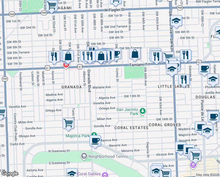 map of restaurants, bars, coffee shops, grocery stores, and more near 828 Mariana Avenue in Coral Gables