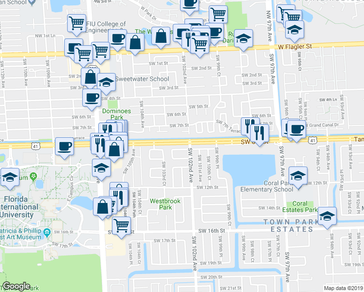 map of restaurants, bars, coffee shops, grocery stores, and more near 10225 Southwest 8th Terrace in Miami