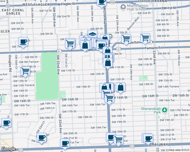 map of restaurants, bars, coffee shops, grocery stores, and more near 1202 Southwest 29th Avenue in Miami