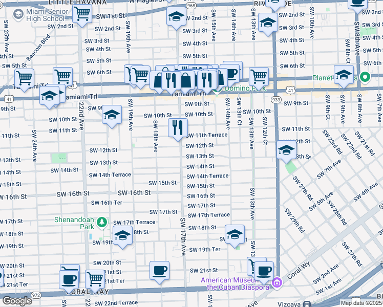 map of restaurants, bars, coffee shops, grocery stores, and more near 1653 Southwest 13th Street in Miami