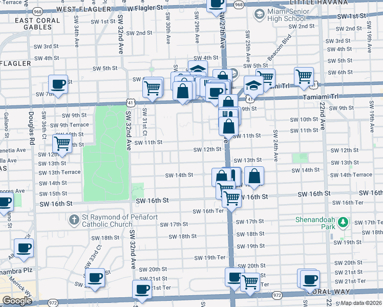 map of restaurants, bars, coffee shops, grocery stores, and more near 1202 Southwest 29th Avenue in Miami