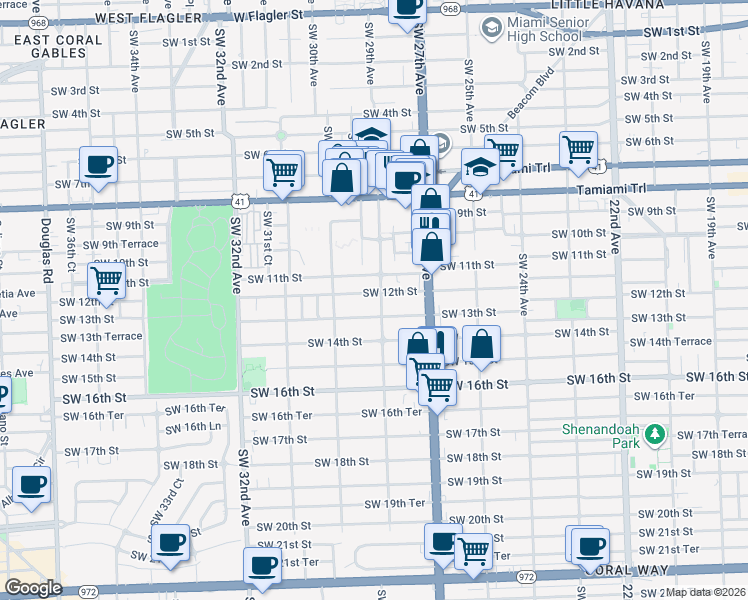 map of restaurants, bars, coffee shops, grocery stores, and more near 2910 Southwest 12th Street in Miami