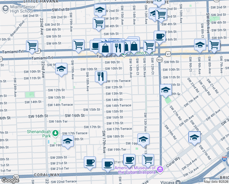 map of restaurants, bars, coffee shops, grocery stores, and more near in Miami