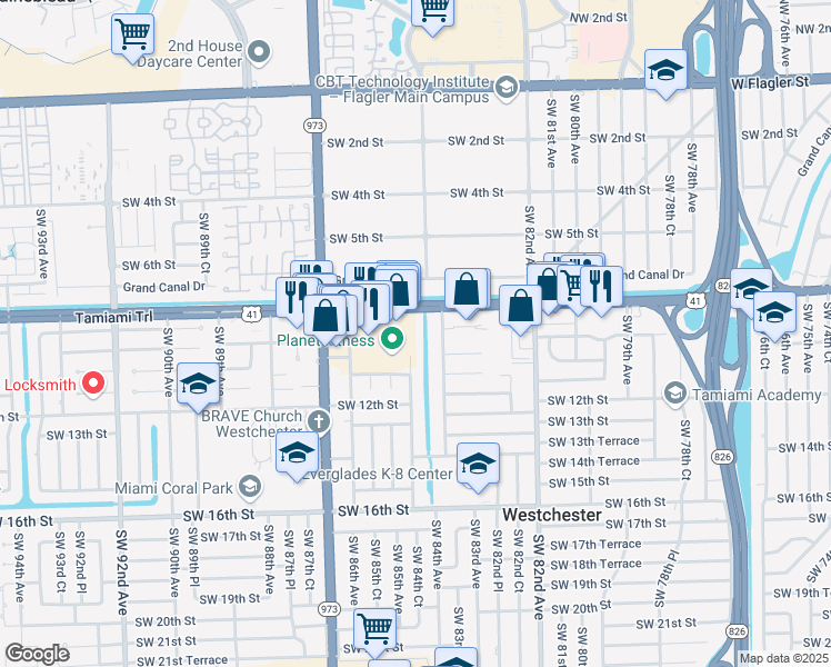 map of restaurants, bars, coffee shops, grocery stores, and more near 8430 Southwest 8th Street in Miami