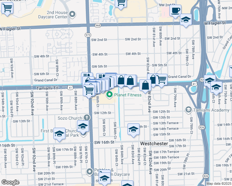 map of restaurants, bars, coffee shops, grocery stores, and more near 8430 Southwest 8th Street in Miami
