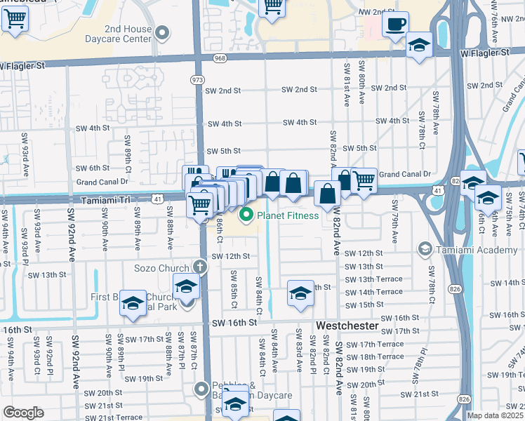 map of restaurants, bars, coffee shops, grocery stores, and more near 8430 Southwest 8th Street in Miami