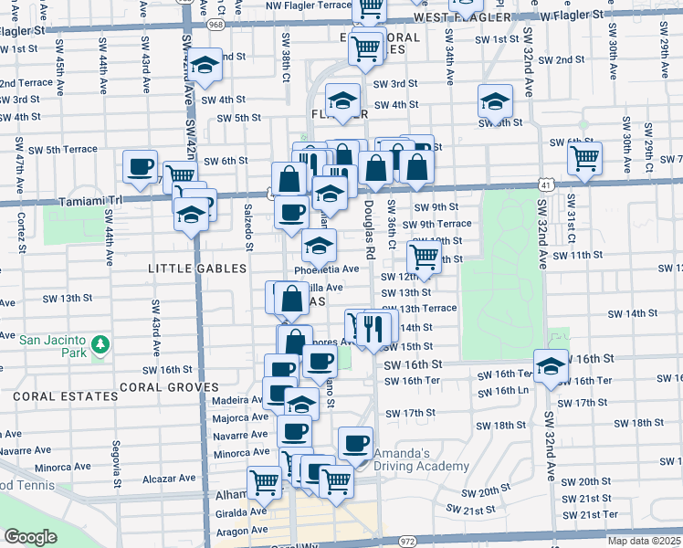 map of restaurants, bars, coffee shops, grocery stores, and more near 24 Phoenetia Avenue in Coral Gables