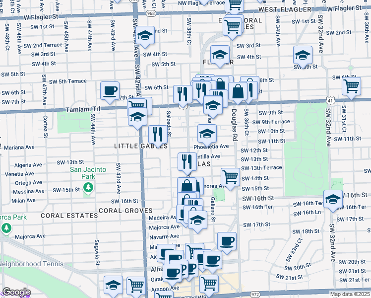 map of restaurants, bars, coffee shops, grocery stores, and more near 1107 Ponce de Leon Boulevard in Coral Gables