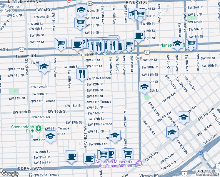 map of restaurants, bars, coffee shops, grocery stores, and more near 1401 Southwest 13th Street in Miami