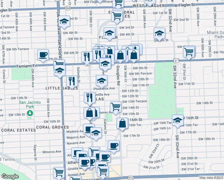 map of restaurants, bars, coffee shops, grocery stores, and more near 24 Phoenetia Avenue in Coral Gables