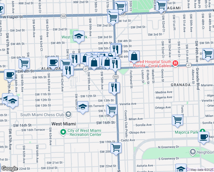 map of restaurants, bars, coffee shops, grocery stores, and more near 5751 Southwest 11th Street in West Miami