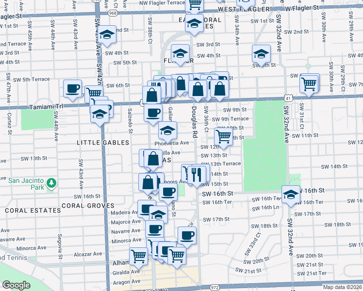 map of restaurants, bars, coffee shops, grocery stores, and more near 30 Phoenetia Avenue in Coral Gables