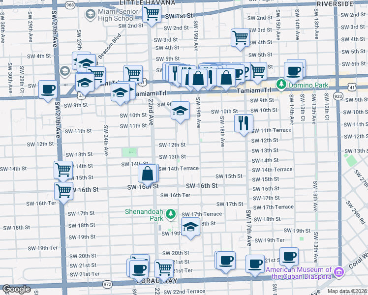 map of restaurants, bars, coffee shops, grocery stores, and more near 2000 Southwest 12th Street in Miami