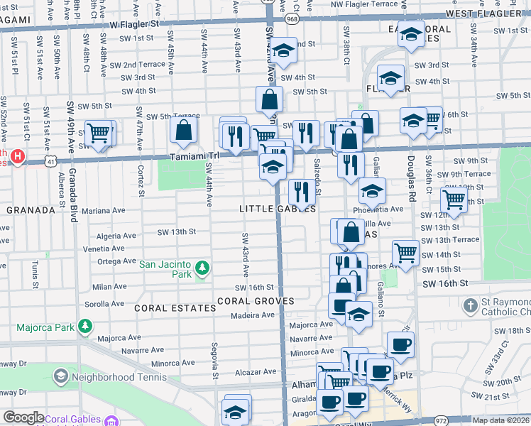 map of restaurants, bars, coffee shops, grocery stores, and more near in Little Gables