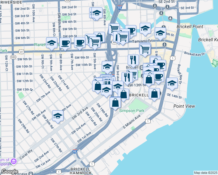 map of restaurants, bars, coffee shops, grocery stores, and more near 1752 Southwest 3rd Avenue in Miami