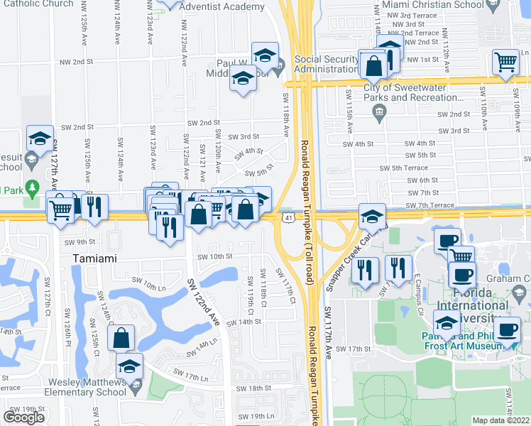 map of restaurants, bars, coffee shops, grocery stores, and more near 1675 Florida 90 in Miami