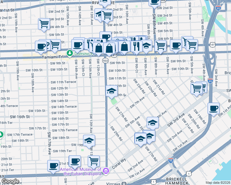 map of restaurants, bars, coffee shops, grocery stores, and more near 1107 Southwest 13th Street in Miami