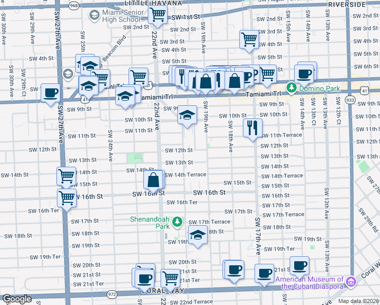 map of restaurants, bars, coffee shops, grocery stores, and more near 2000 Southwest 12th Street in Miami