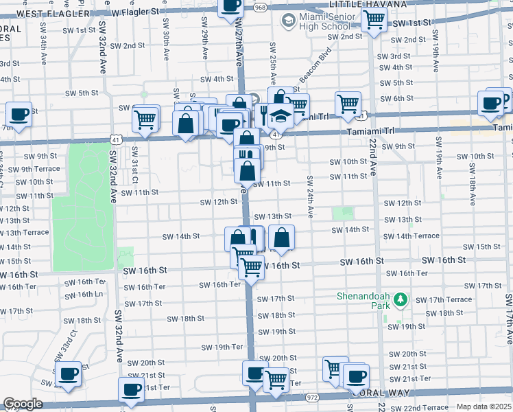 map of restaurants, bars, coffee shops, grocery stores, and more near 2615 Southwest 13th Street in Miami