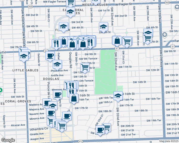map of restaurants, bars, coffee shops, grocery stores, and more near 3434 Southwest 12th Street in Miami