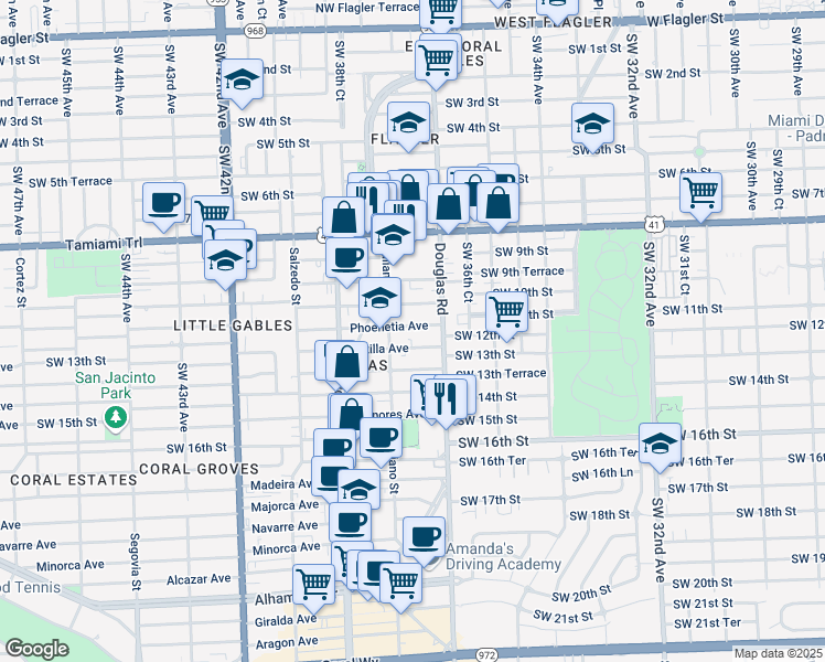 map of restaurants, bars, coffee shops, grocery stores, and more near 24 Phoenetia Avenue in Coral Gables
