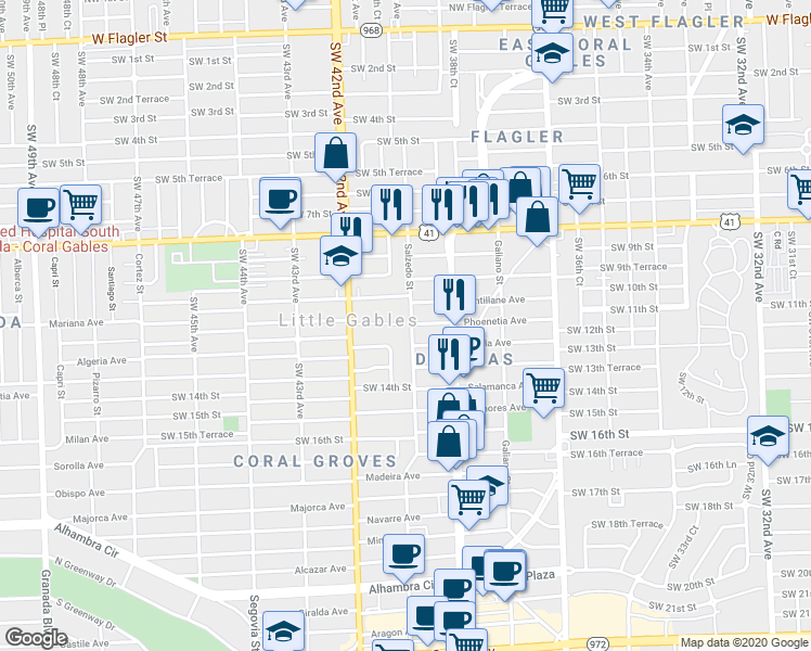 map of restaurants, bars, coffee shops, grocery stores, and more near 234 Phoenetia Avenue in Coral Gables
