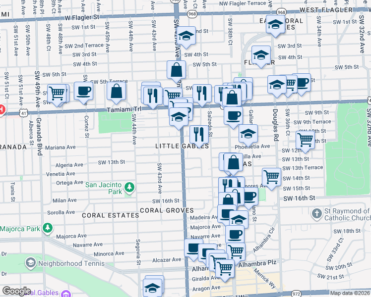 map of restaurants, bars, coffee shops, grocery stores, and more near in Little Gables