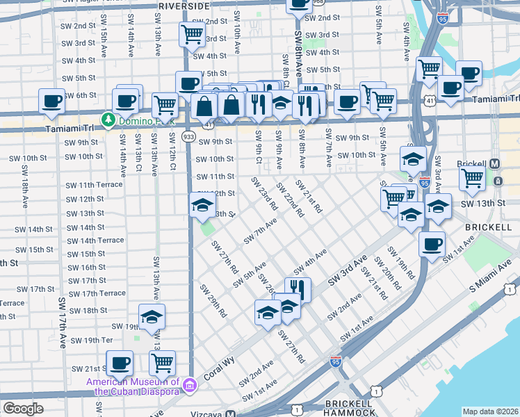 map of restaurants, bars, coffee shops, grocery stores, and more near 721 Southwest 24th Road in Miami