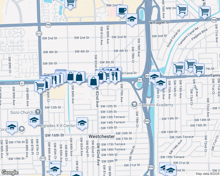map of restaurants, bars, coffee shops, grocery stores, and more near 8033 Southwest 9th Terrace in Miami