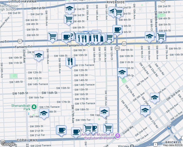 map of restaurants, bars, coffee shops, grocery stores, and more near 1427 Southwest 13th Street in Miami