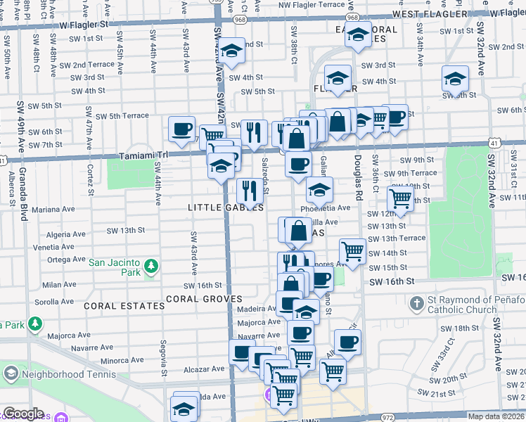 map of restaurants, bars, coffee shops, grocery stores, and more near 234 Phoenetia Avenue in Coral Gables