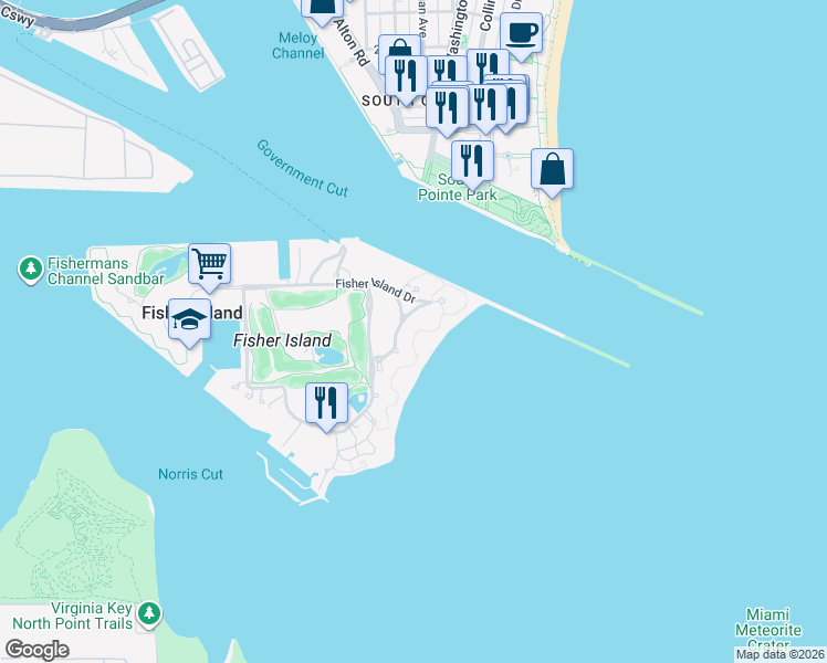 map of restaurants, bars, coffee shops, grocery stores, and more near 7600 Fisher Island Drive in Miami Beach