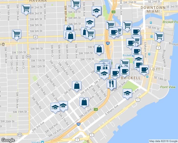 map of restaurants, bars, coffee shops, grocery stores, and more near 423 Southwest 19th Road in Miami