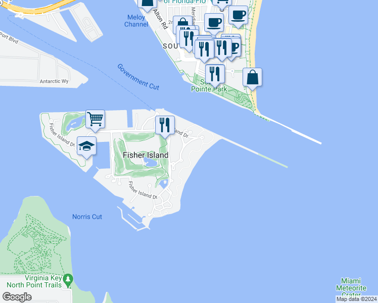 map of restaurants, bars, coffee shops, grocery stores, and more near 7600 Fisher Island Drive in Miami Beach
