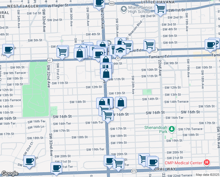 map of restaurants, bars, coffee shops, grocery stores, and more near 2615 Southwest 13th Street in Miami