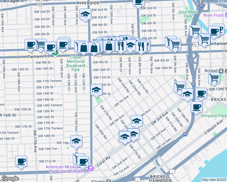 map of restaurants, bars, coffee shops, grocery stores, and more near 2450 Southwest 9th Avenue in Miami