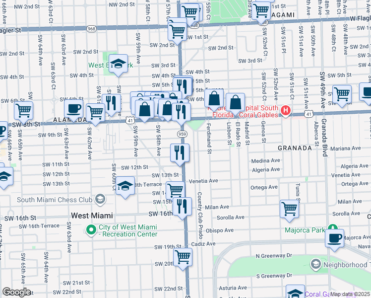 map of restaurants, bars, coffee shops, grocery stores, and more near 1559 San Benito Avenue in Coral Gables
