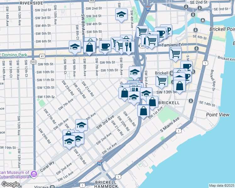 map of restaurants, bars, coffee shops, grocery stores, and more near 415 Southwest 19th Road in Miami
