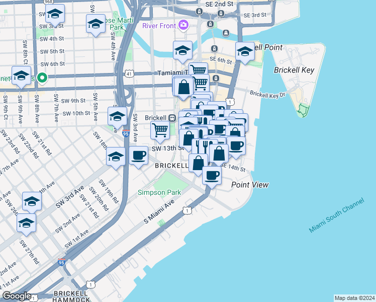 map of restaurants, bars, coffee shops, grocery stores, and more near 60 Southwest 13th Street in Miami