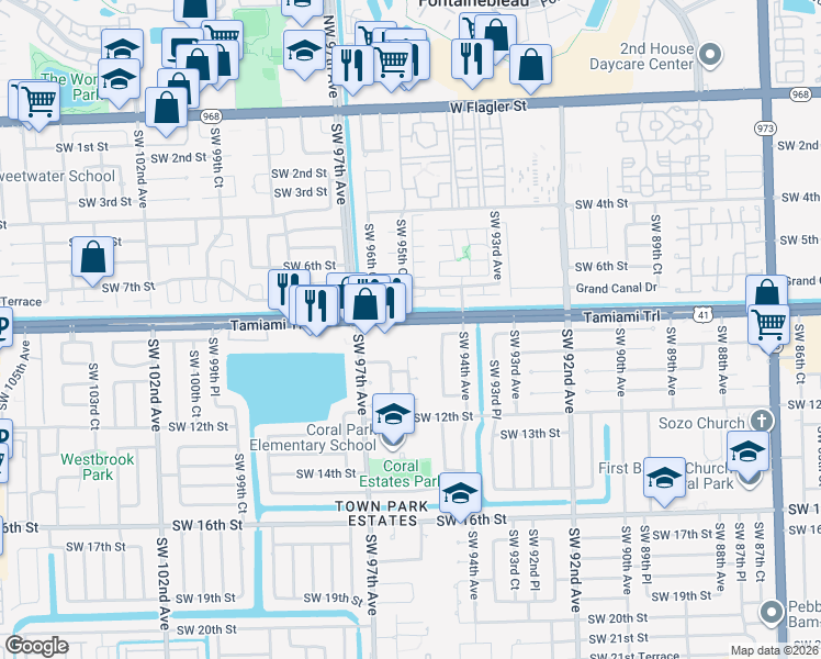 map of restaurants, bars, coffee shops, grocery stores, and more near 9520 Southwest 8th Street in Miami